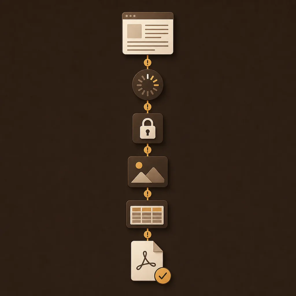 A diagnostic path from a loading Notion page through permissions and assets to a checked PDF