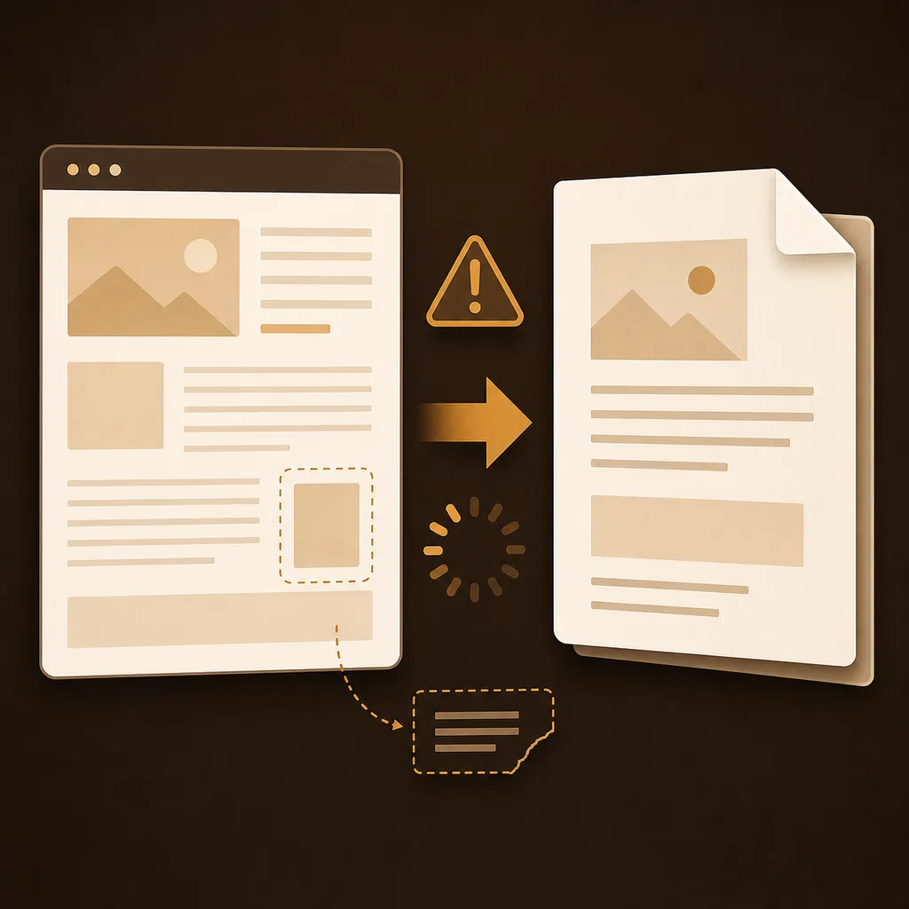 A Notion document and PDF page separated by export warnings