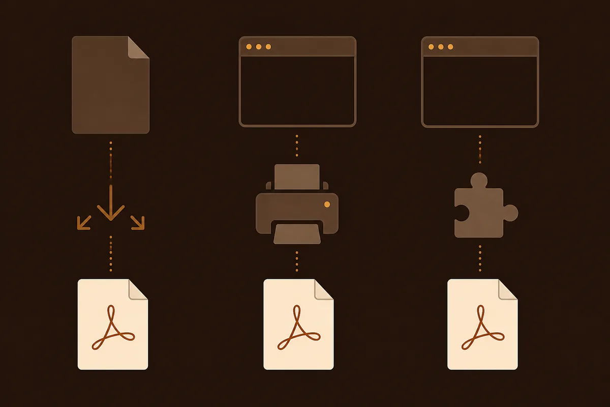 Three visual paths from a Notion page to PDF files